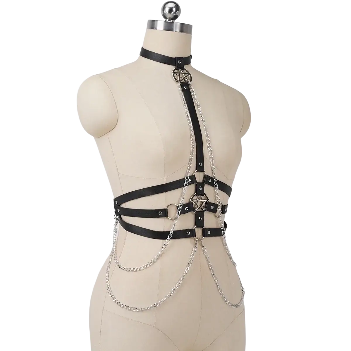 Black leather pentagram harness body chain featuring silver chains and metal pentagram accents on the front side