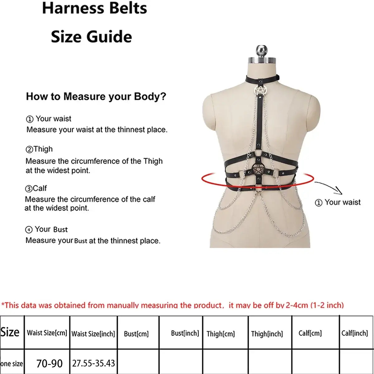 Black leather pentagram harness body chain featuring silver chains and pentagram charms on a black harness belt