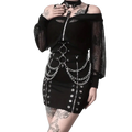 Black mesh off-shoulder top with silver chain detailing and metal rings paired with black leather pentagram harness body chain