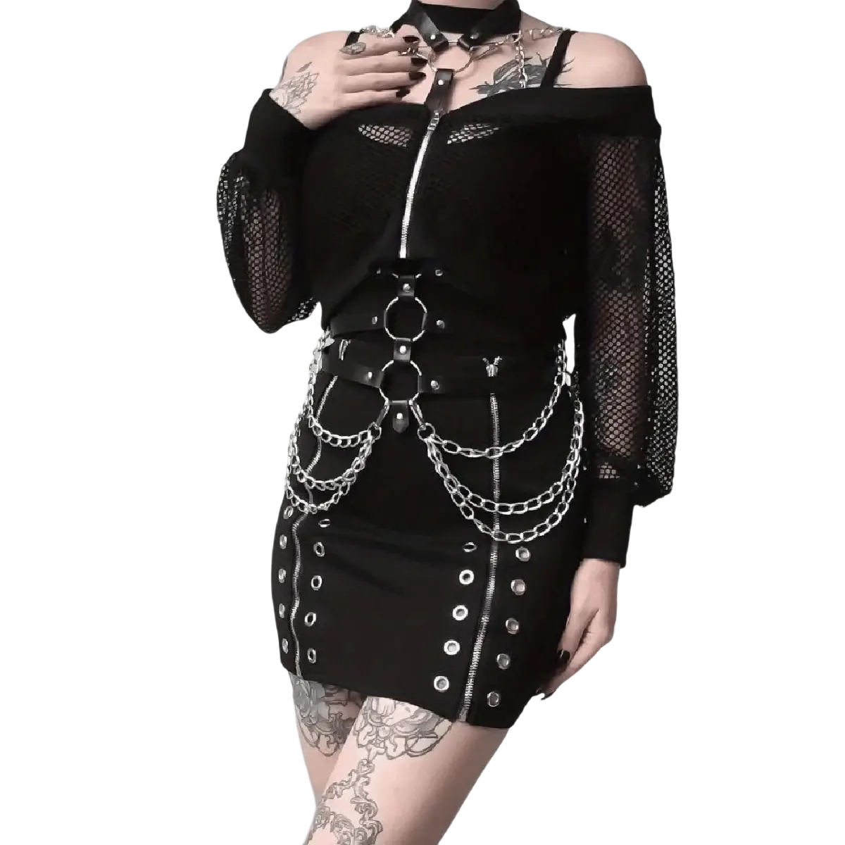Black mesh off-shoulder top with silver chain detailing and metal rings paired with black leather pentagram harness body chain