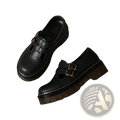 Black leather platform brogue mary jane shoes with double buckles and perforated detailing on leather upper