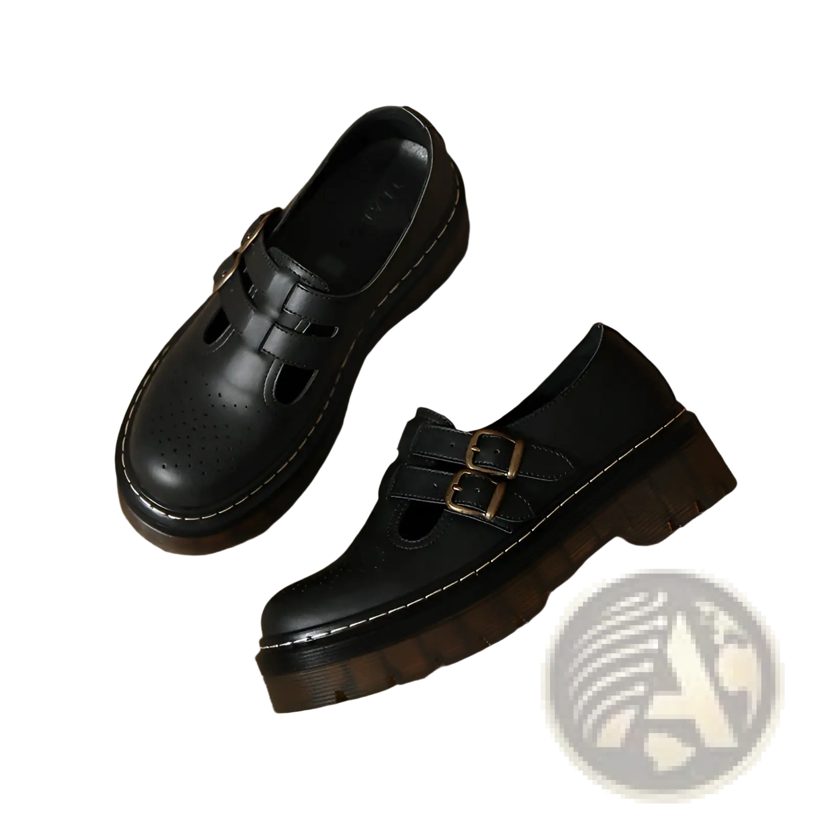Black leather platform brogue mary jane shoes with double buckles and perforated detailing on leather upper