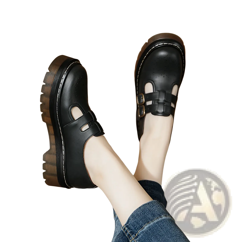 Black leather platform brogue mary jane shoes featuring thick soles and double buckle straps visible from the back side