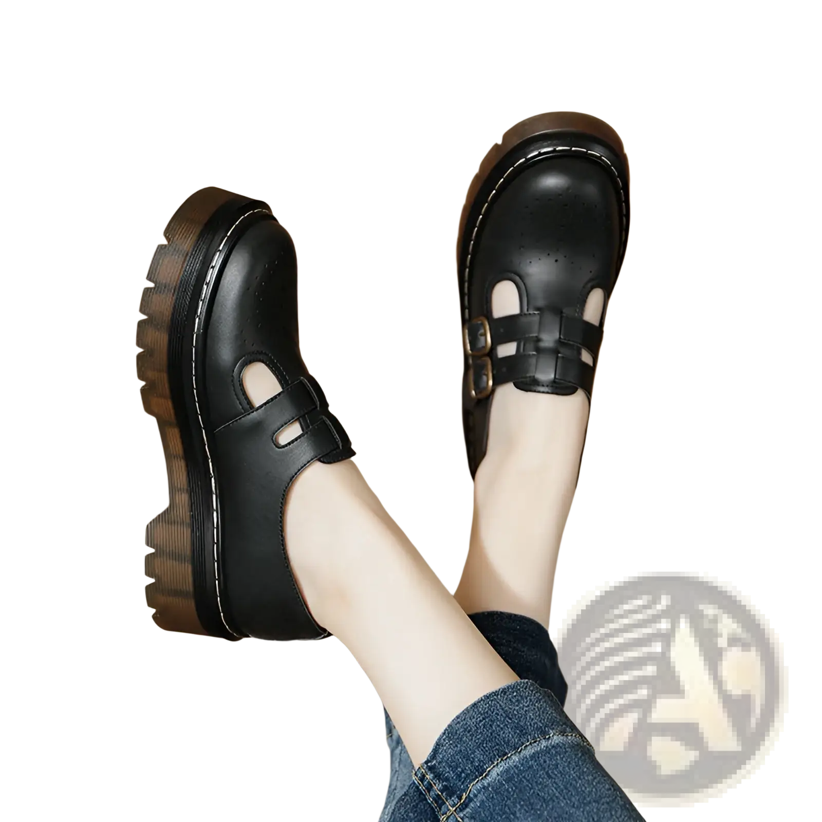 Black leather platform brogue mary jane shoes featuring thick soles and double buckle straps visible from the back side