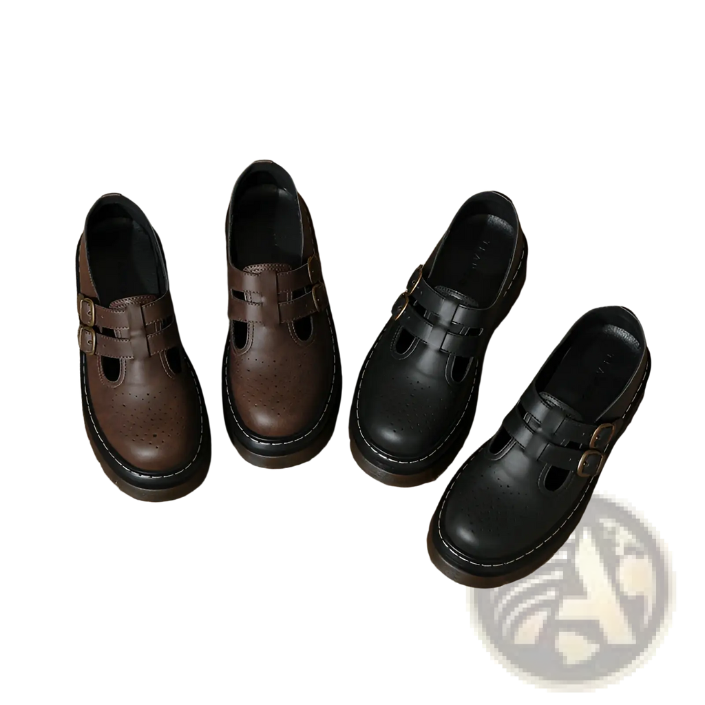 Black leather platform brogue mary jane shoes with double buckle straps brown and black perforated toe box thick soles