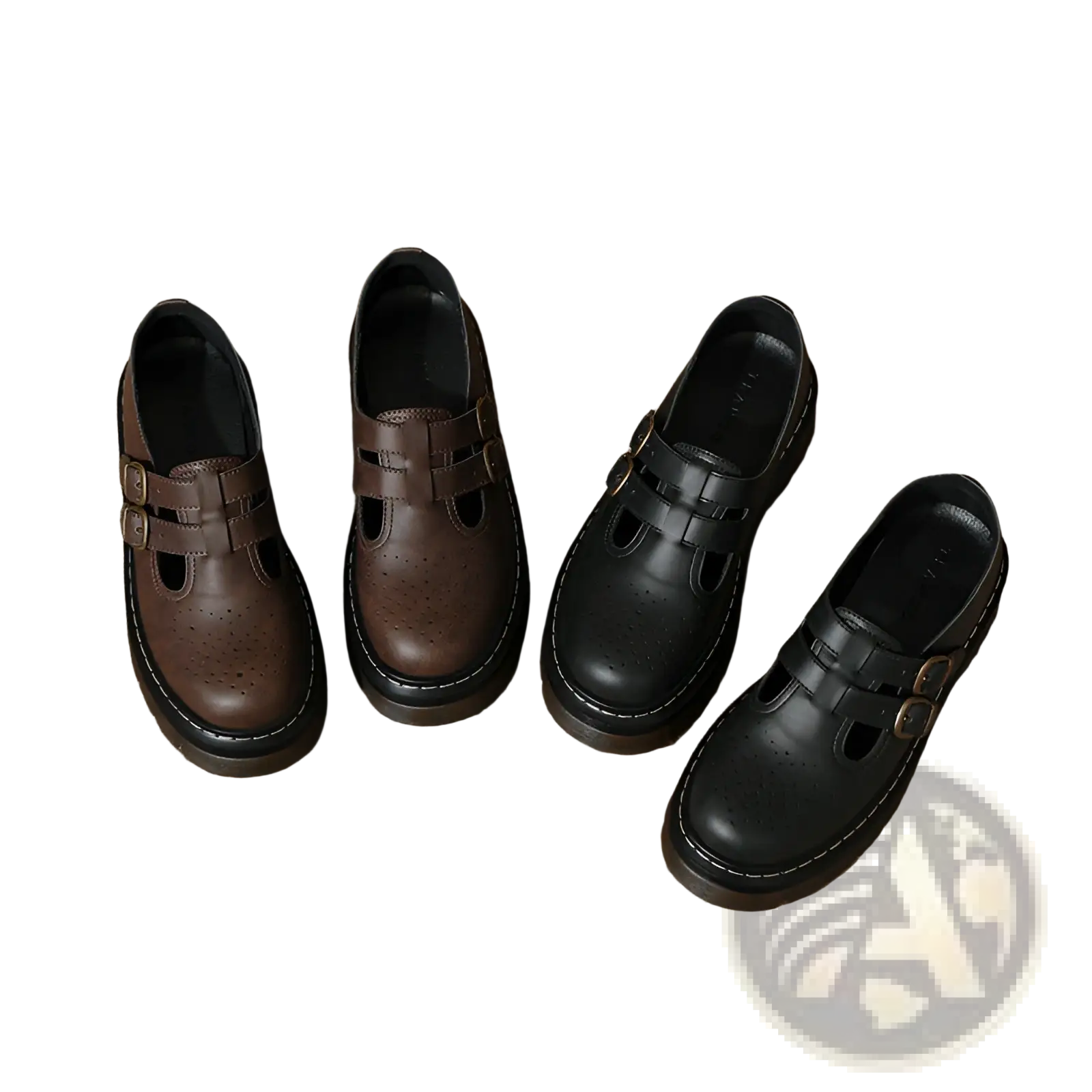 Black leather platform brogue mary jane shoes with double buckle straps brown and black perforated toe box thick soles