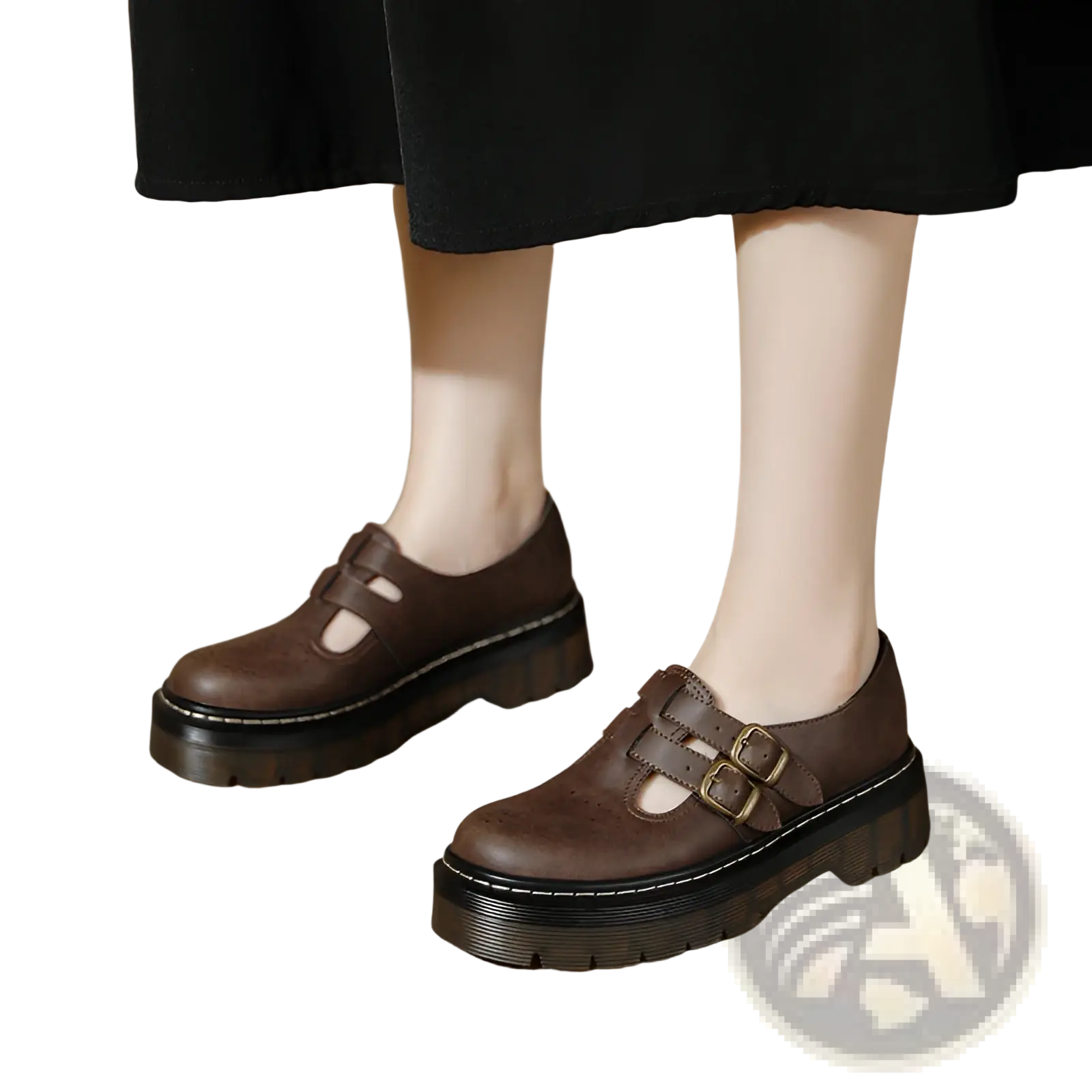 Brown leather mary jane shoes with thick black rubber sole and two brass buckles for stylish comfort