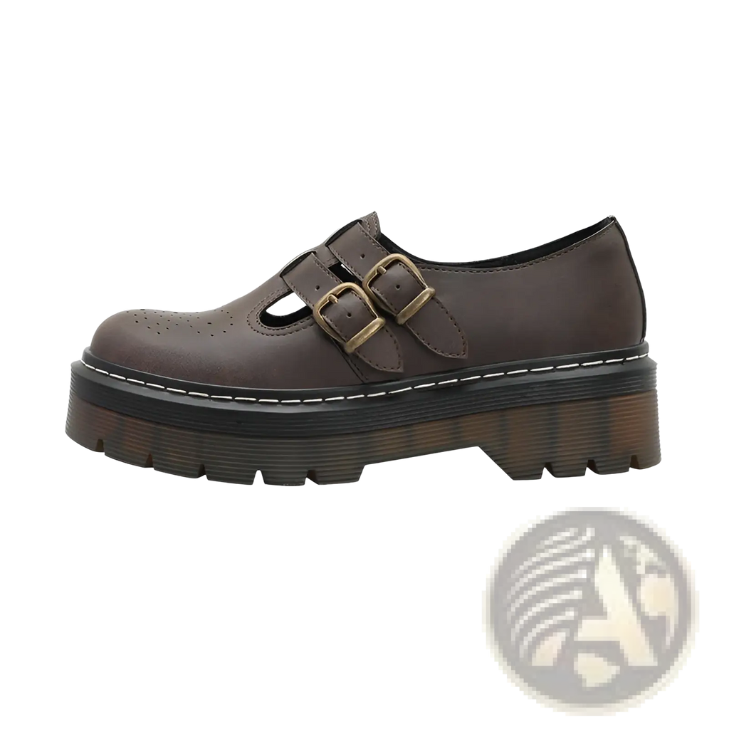 Brown leather platform shoe with double buckle straps and chunky sole for a stylish mary jane brogue look