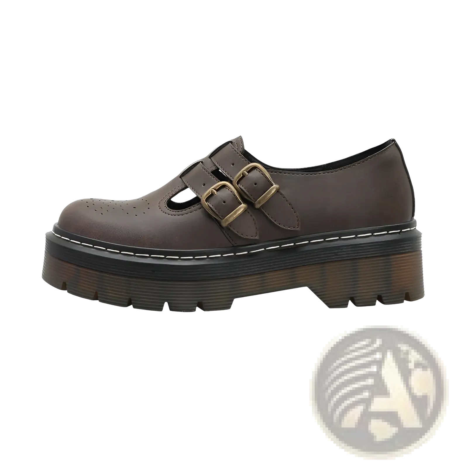 Brown leather platform shoe with double buckle straps and chunky sole for a stylish mary jane brogue look