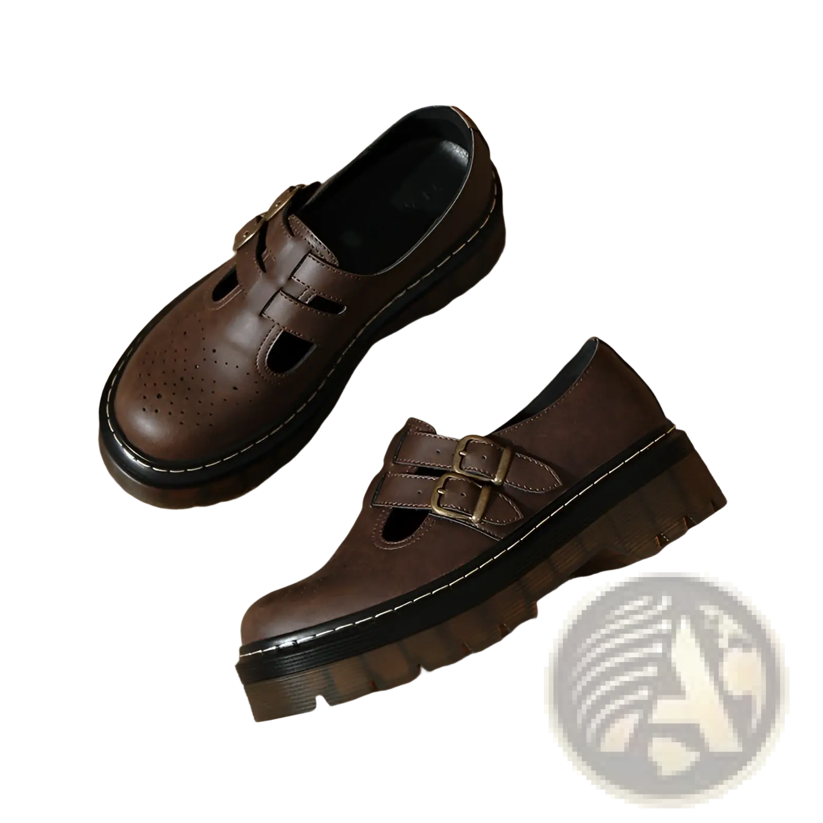 Brown leather mary jane shoes with double buckles and chunky sole complement black leather platform brogue mary janes