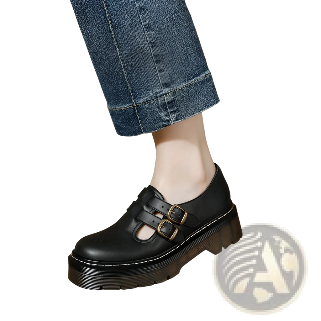 Black leather platform brogue mary jane shoes with two gold-toned buckle straps and a thick sole