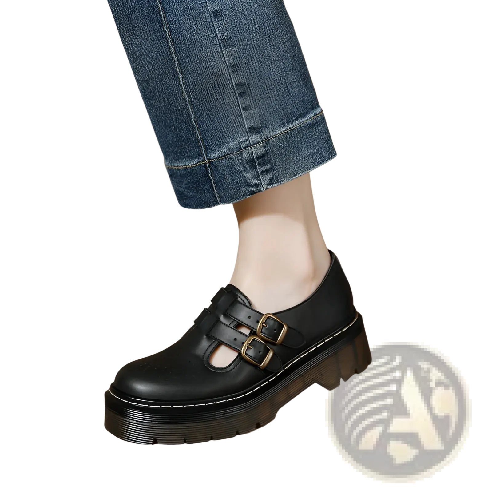 Black leather platform brogue mary jane shoes with two gold-toned buckle straps and a thick sole