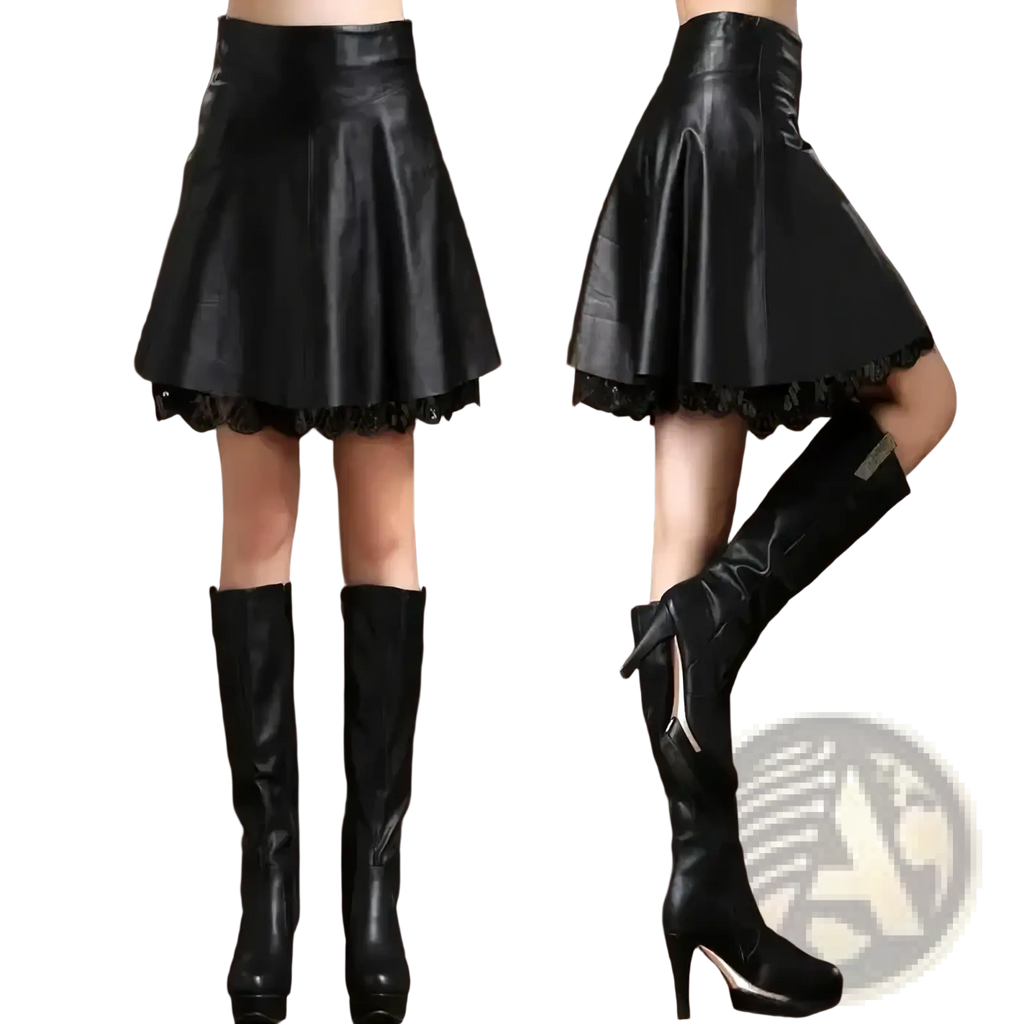 Black leather pleated skirt with lace trim showcasing its elegant design and textured material