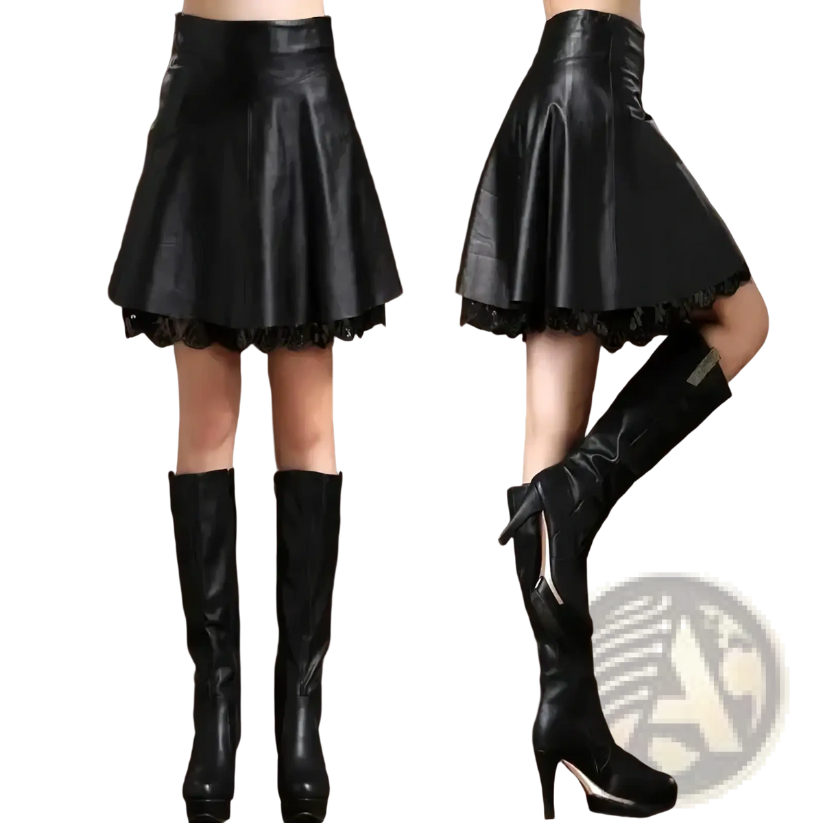 Black leather pleated skirt with lace trim showcasing its elegant design and textured material