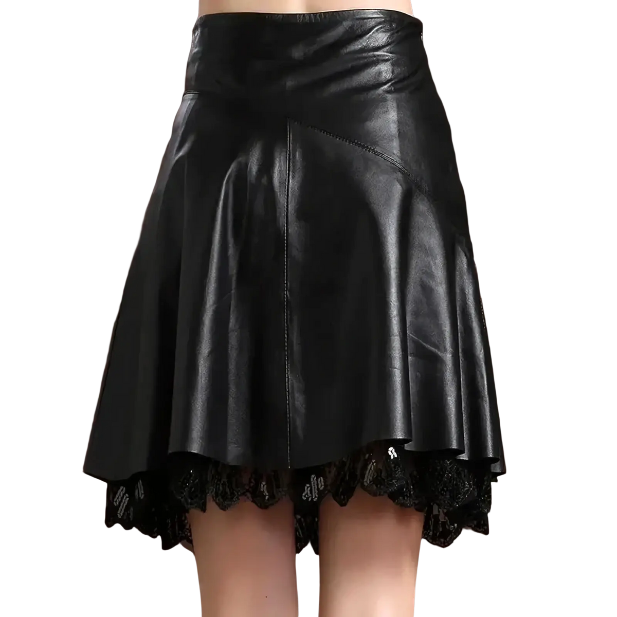 Black leather pleated skirt with flared silhouette and delicate black lace trim along the hem