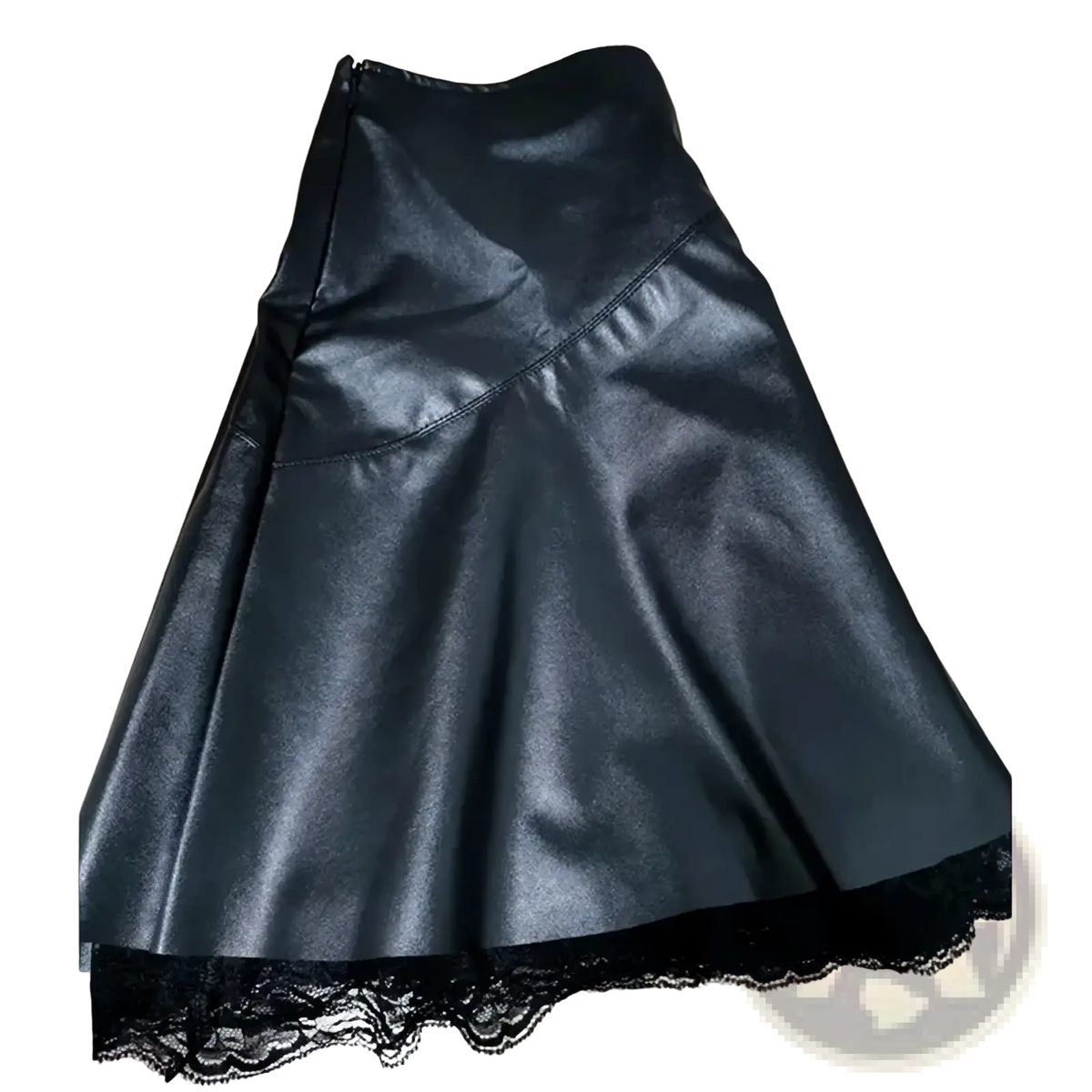Black leather pleated skirt with flared silhouette and delicate black lace trim along the hem in faux leather