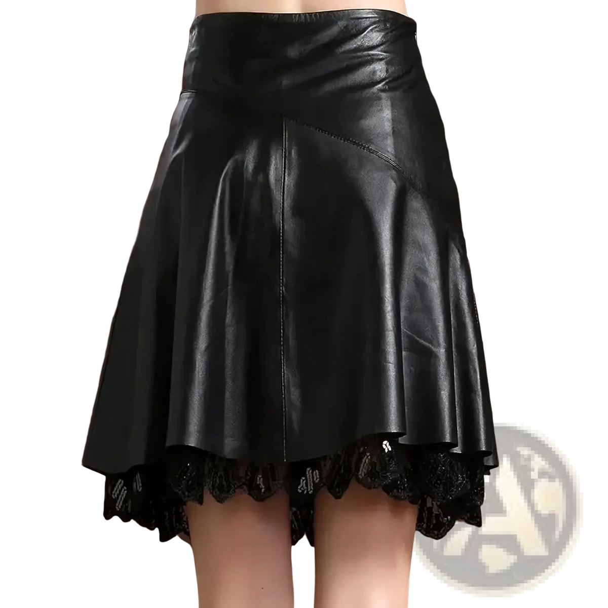 Black leather pleated skirt with flared silhouette and delicate black lace trim along the hem