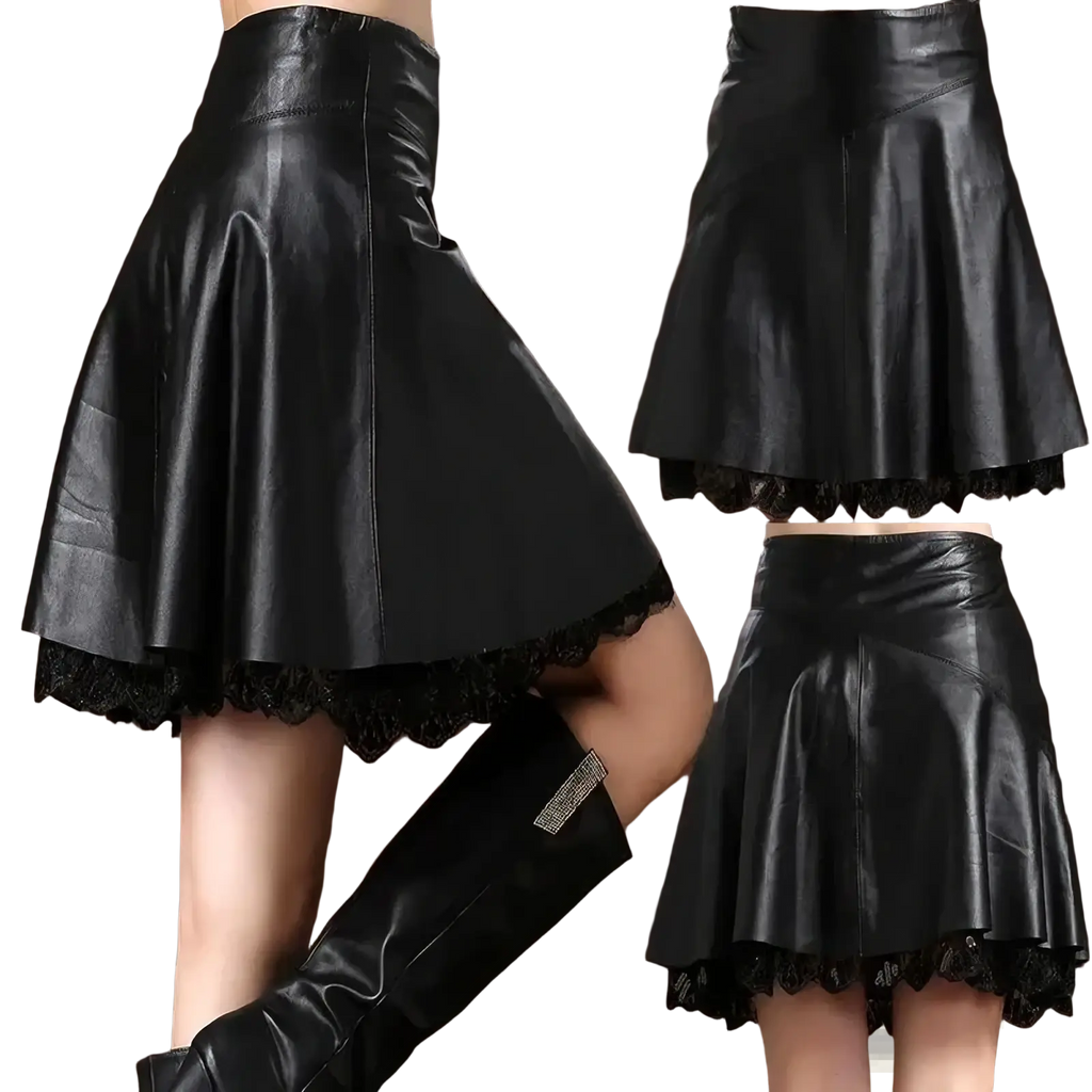 Black leather pleated skirt with a flared silhouette and delicate black lace trim along the hem