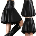 Black leather pleated skirt with a flared silhouette and delicate black lace trim along the hem