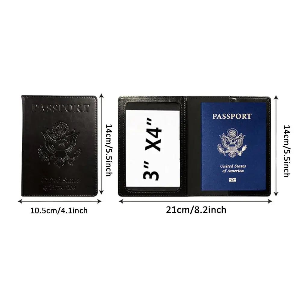 Black leather rfid blocking passport holder with embossed us on the back side for secure travel use