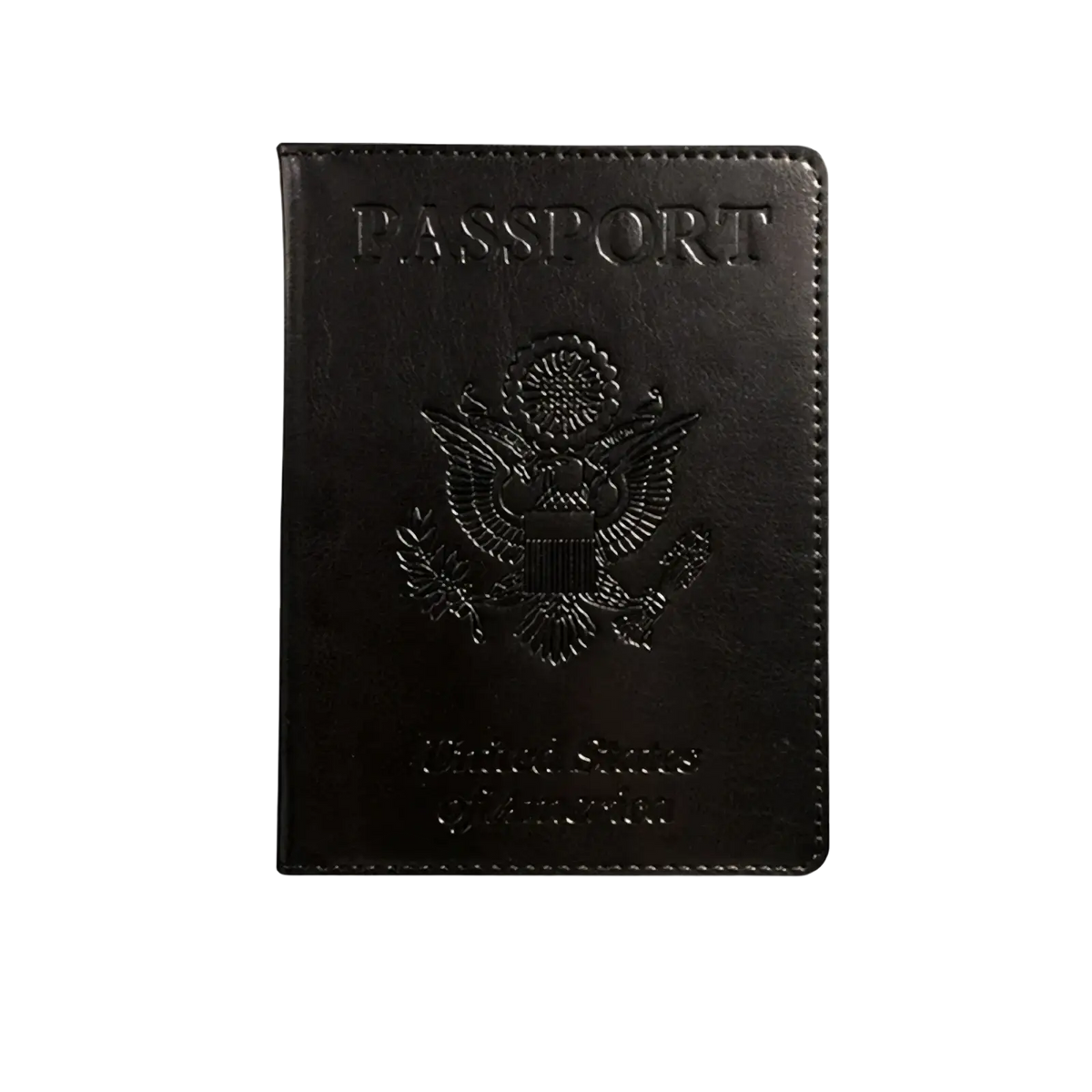 Black leather RFID blocking passport holder with embossed passport text and the great seal of the United States