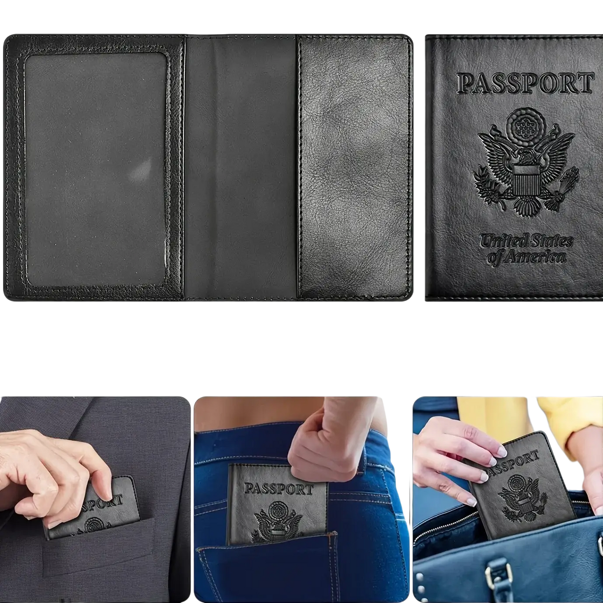 Black leather RFID blocking passport holder with embossed U.S. visible on the back side of the case