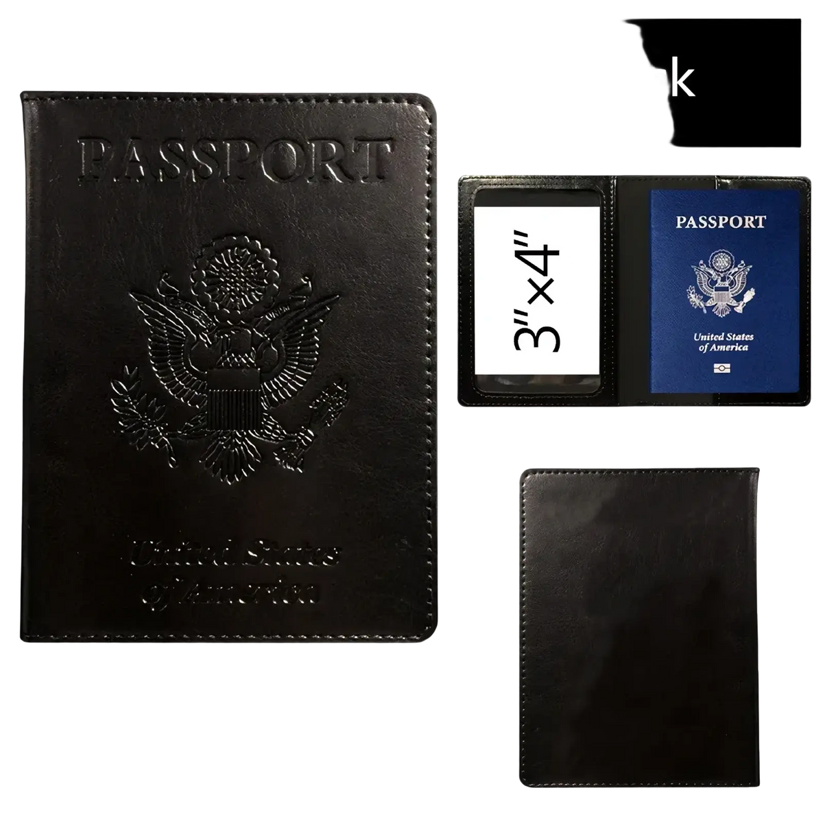 Black leather rfid blocking passport holder showing the back with embossed u.s. for secure travel use