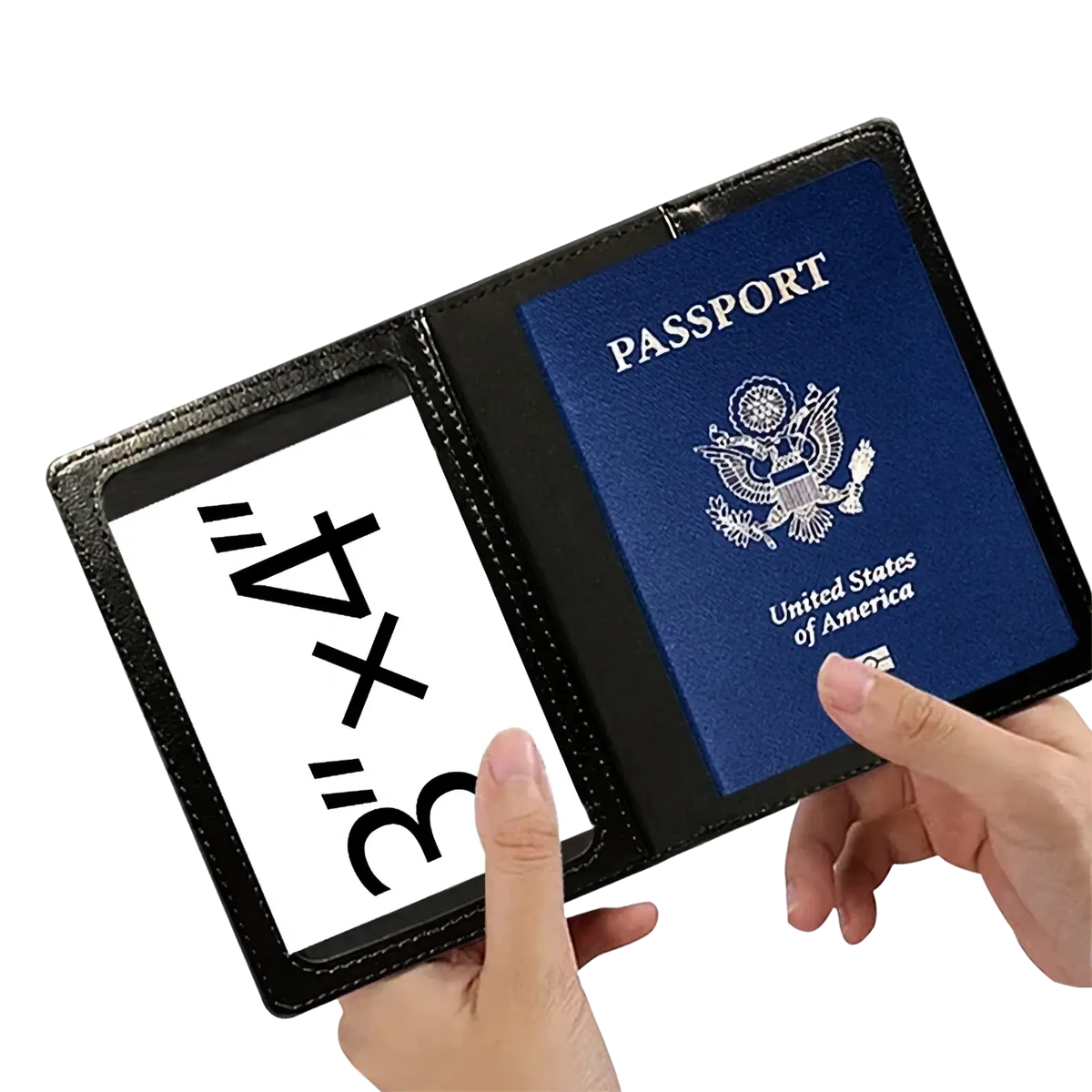 Black leather rfid blocking passport holder with clear id window and stitched edges for secure travel document storage