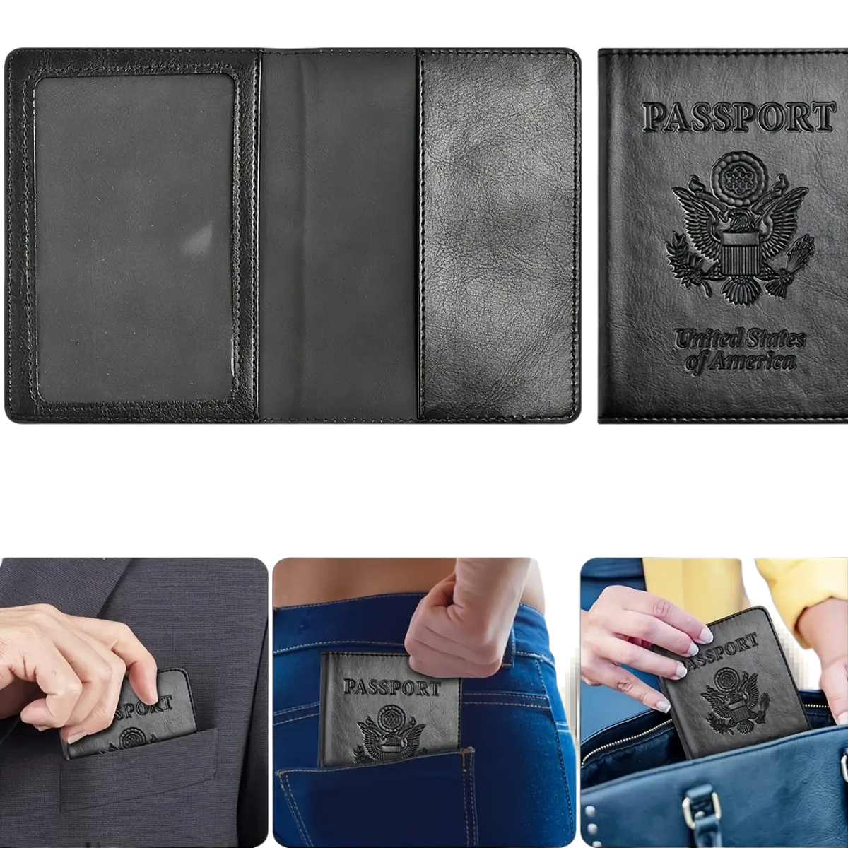 Black leather RFID blocking passport holder with embossed U.S. visible on the back side of the case