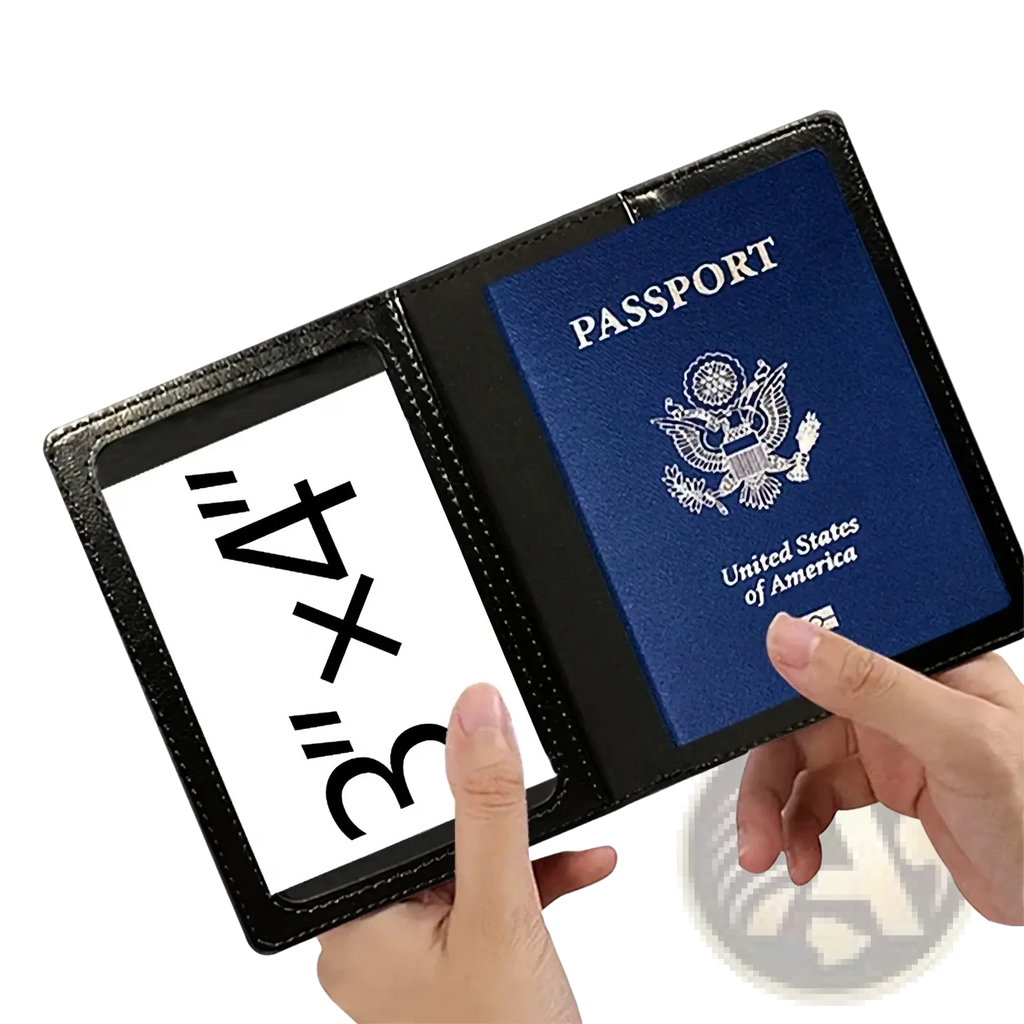 Black leather rfid blocking passport holder with clear id window and stitched edges for secure travel document storage
