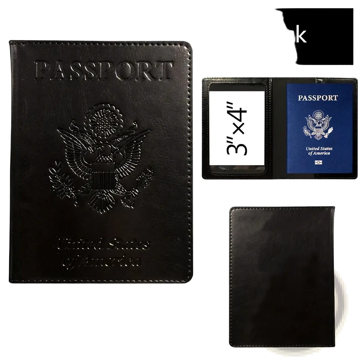 Black leather rfid blocking passport holder showing the back with embossed u.s. for secure travel use