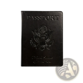 Black leather RFID blocking passport holder with embossed passport text and the great seal of the United States