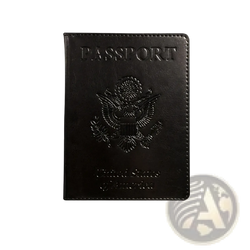 Black leather RFID blocking passport holder with embossed passport text and the great seal of the United States