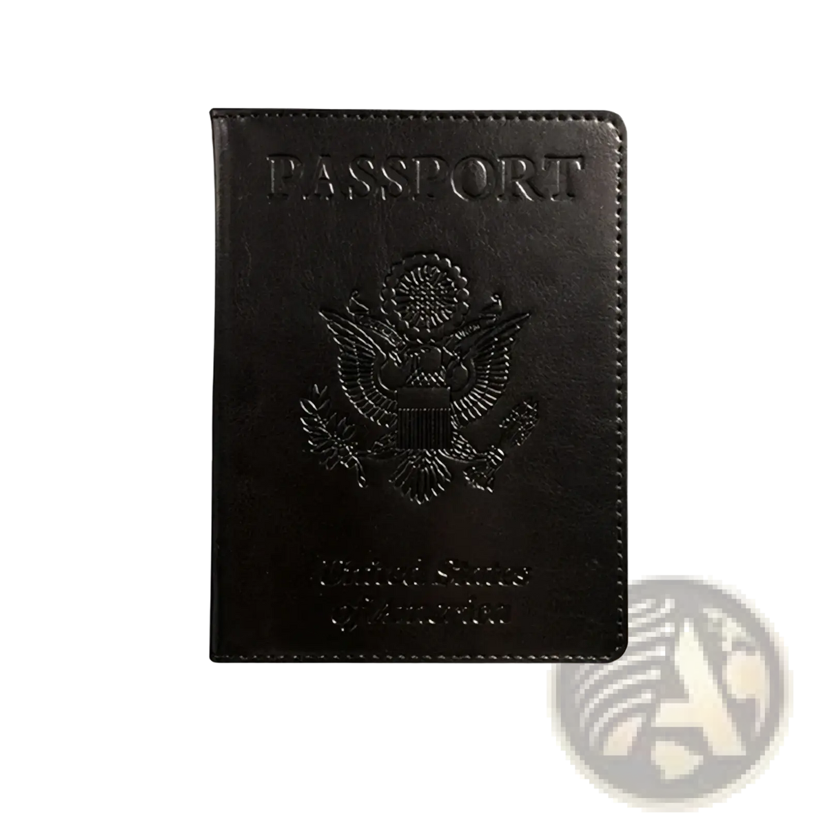 Black leather RFID blocking passport holder with embossed passport text and the great seal of the United States