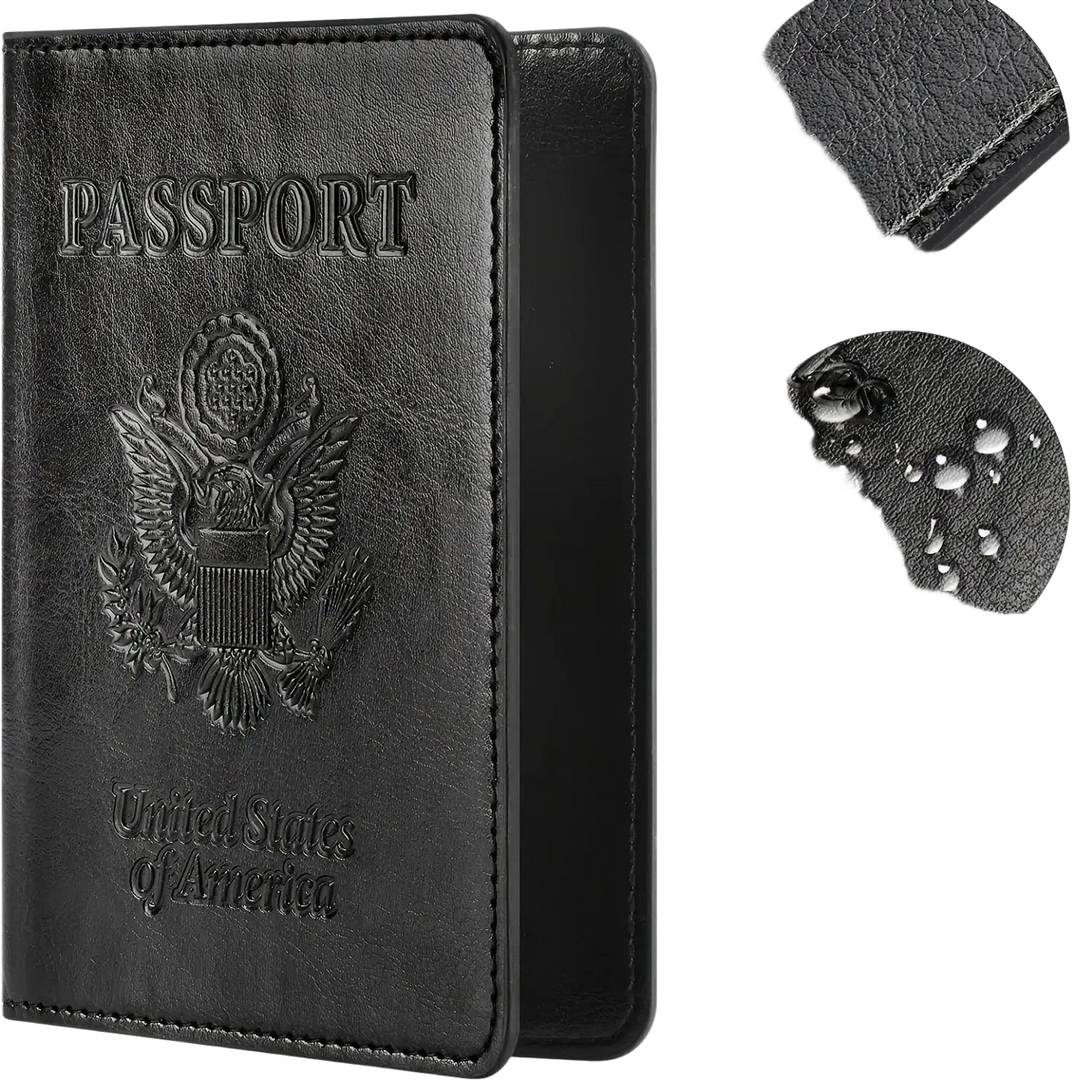 Black leather rfid blocking passport holder made of pu leather with embossed u.s. on the back side