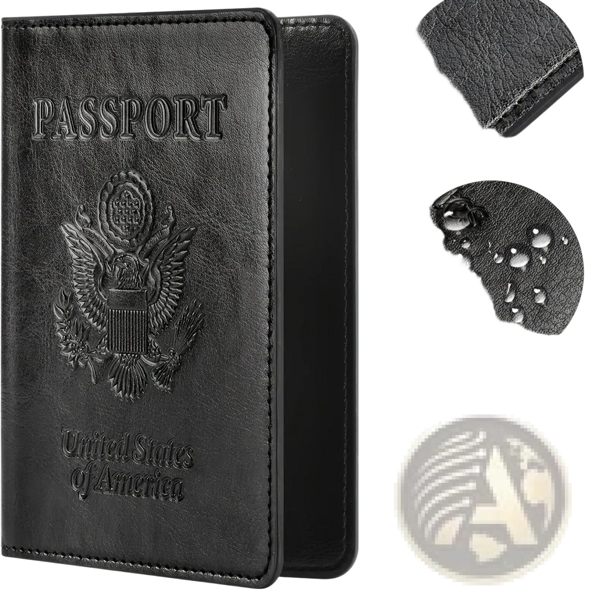 Black leather rfid blocking passport holder made of pu leather with embossed u.s. on the back side