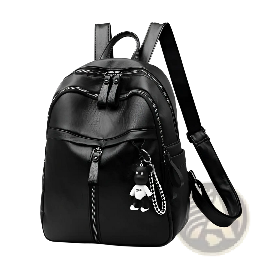 Black leather school backpack with a small black and white bear charm hanging from the front zipper