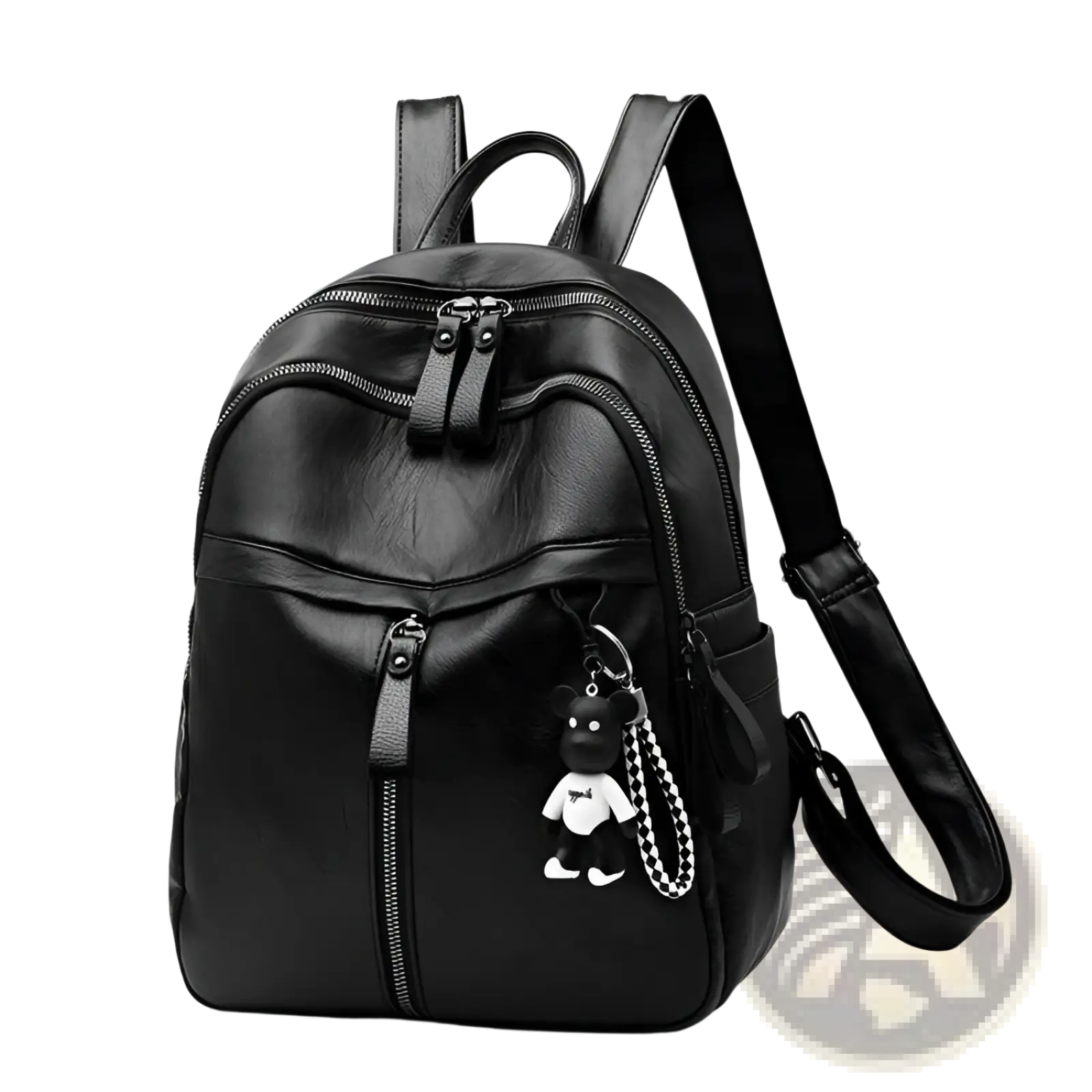 Black leather school backpack with a small black and white bear charm hanging from the front zipper