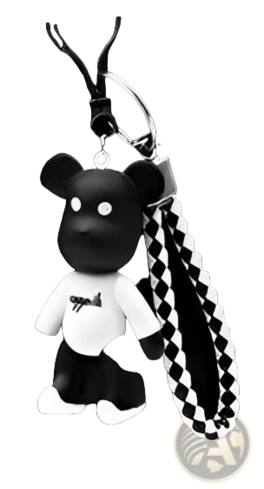 Black leather school backpack featuring a black bear keychain with white shirt and bow tie on a checkered lanyard