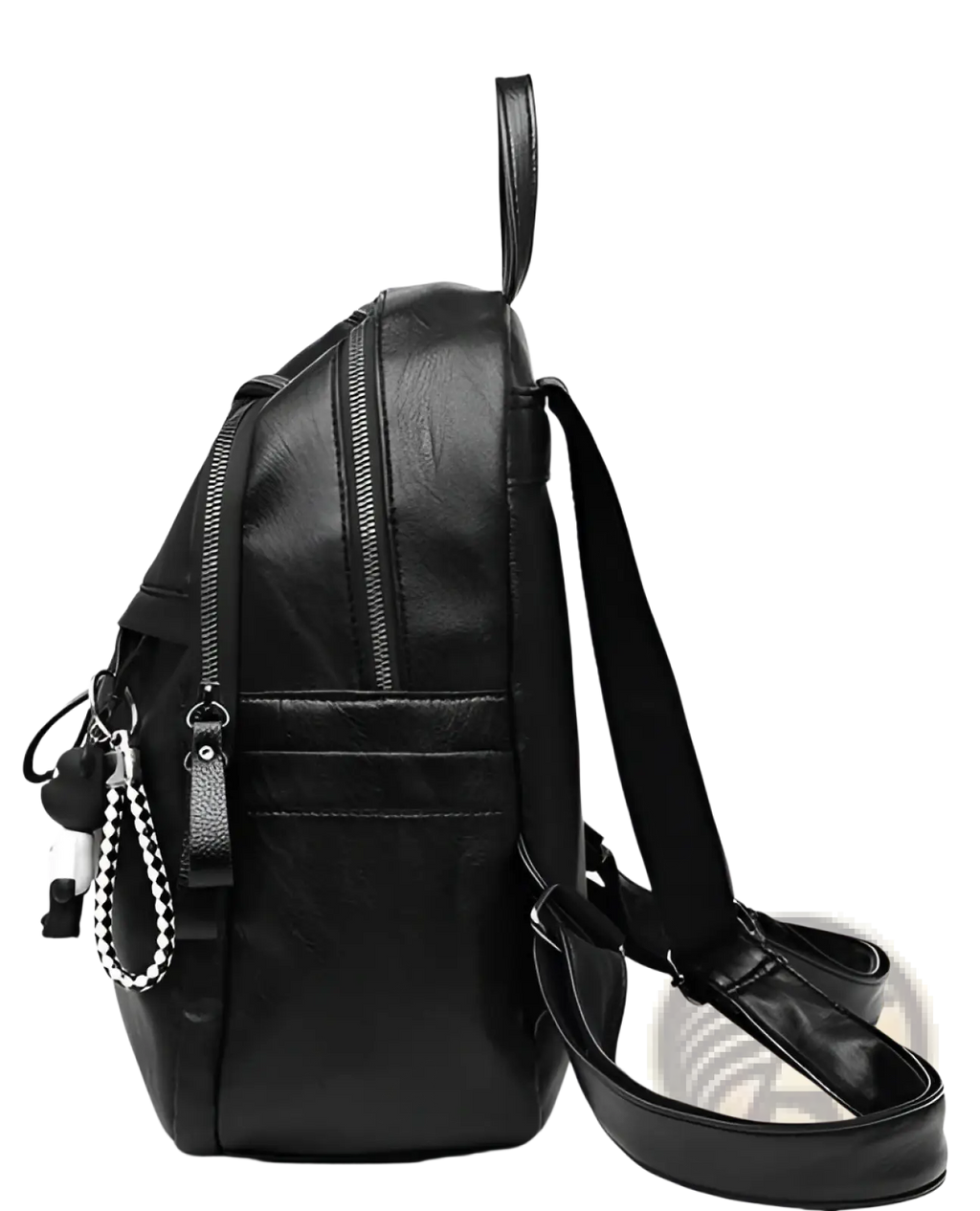 Black leather school backpack in faux leather with sleek minimalist design and adjustable shoulder straps with bear charm