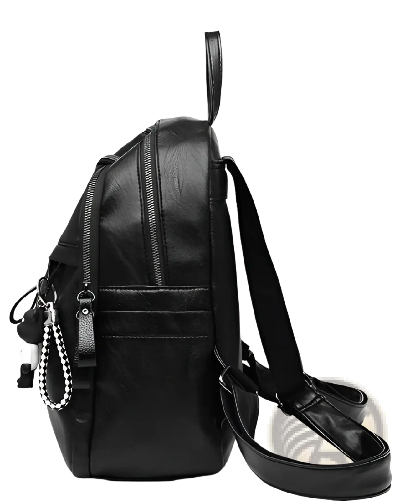 Black leather school backpack in faux leather with sleek minimalist design and adjustable shoulder straps with bear charm