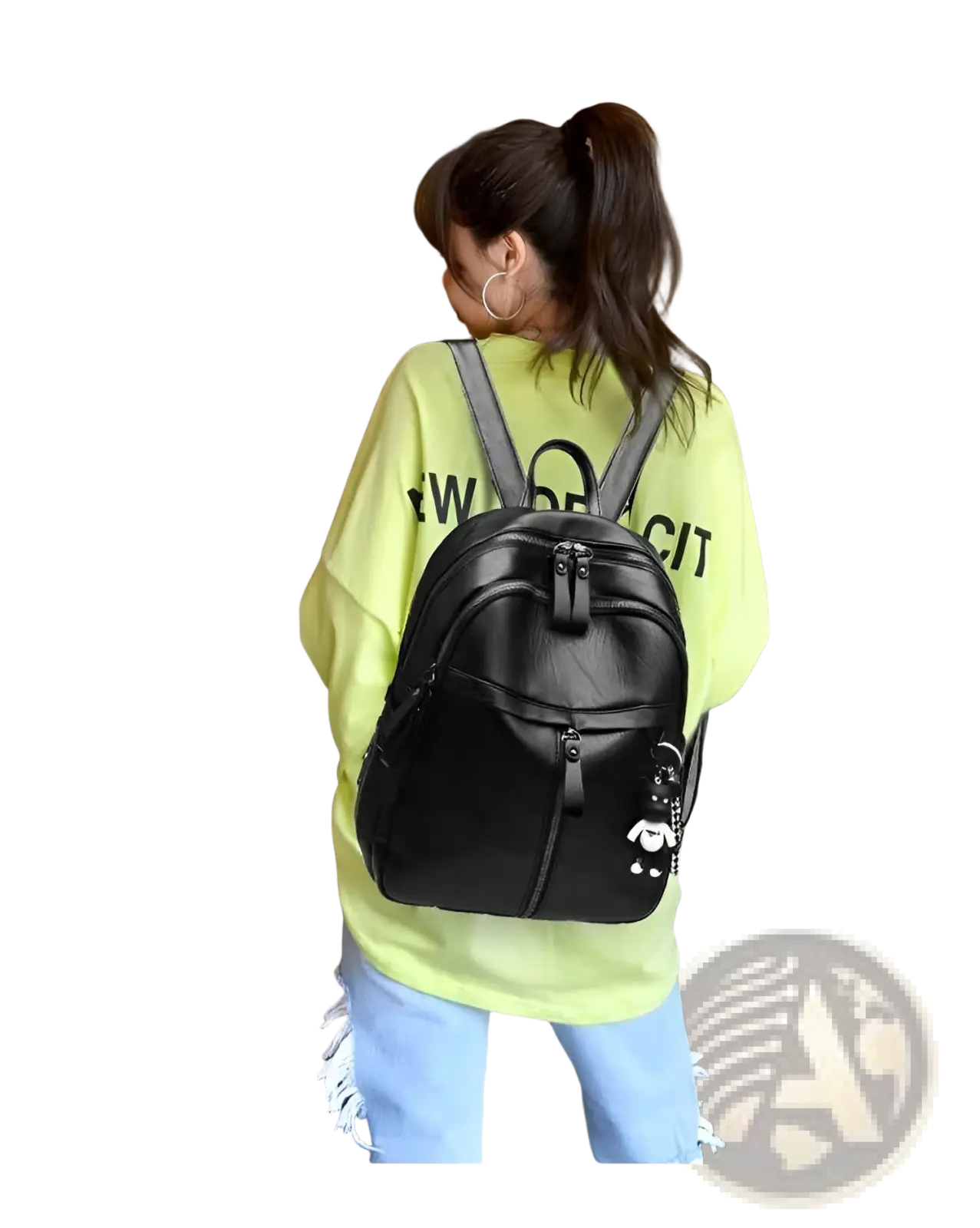 Black leather school backpack with gray straps and bear charm keychain hanging from the side zipper