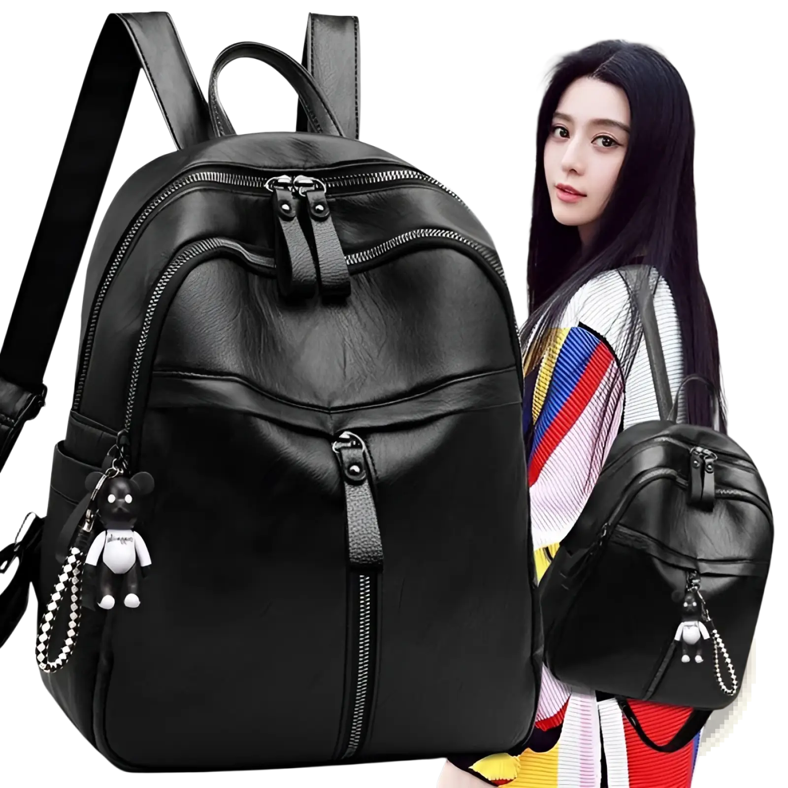 Black leather school backpack with zippers and a cartoon bear charm for versatile daily use