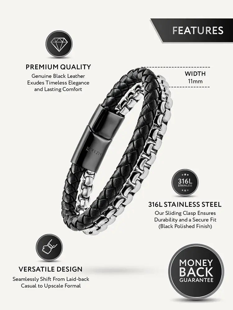 Black braided leather and silver box chain bracelet with sleek 316l stainless steel sliding clasp for versatile wear