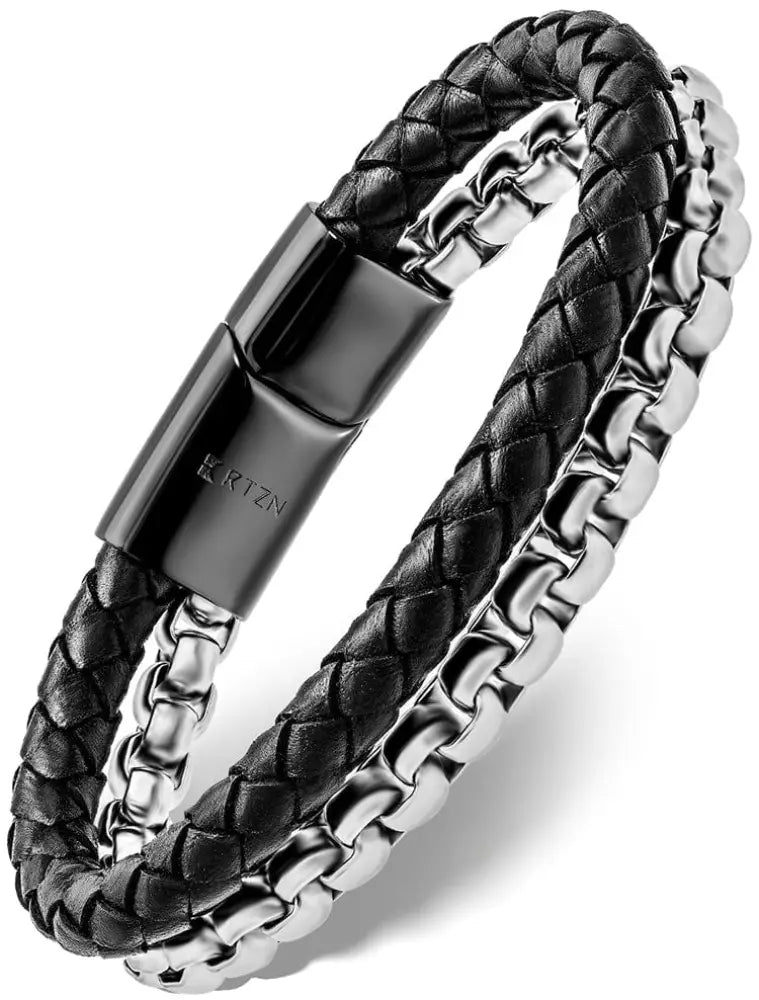 Black braided leather and silver box chain bracelet with silver-toned chain and sleek magnetic clasp detail