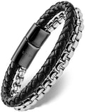 Black braided leather and silver box chain bracelet with silver-toned chain and sleek magnetic clasp detail