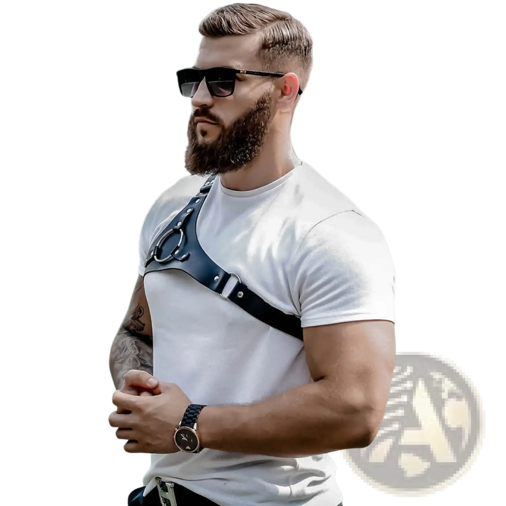 Black leather studded dance harness with silver buckles and adjustable straps worn over a white t-shirt