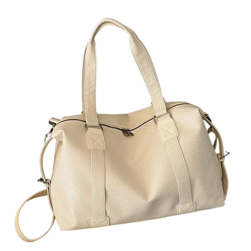 Cream-colored faux leather duffel bag with structured handles and detachable strap, 40cm thickness 14cm zipper hidden bag