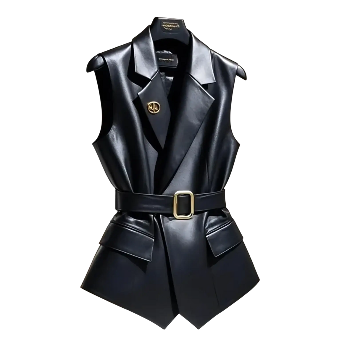 Black leather vest with gold-tone belt buckle and matching circular logo pin for stylish layering