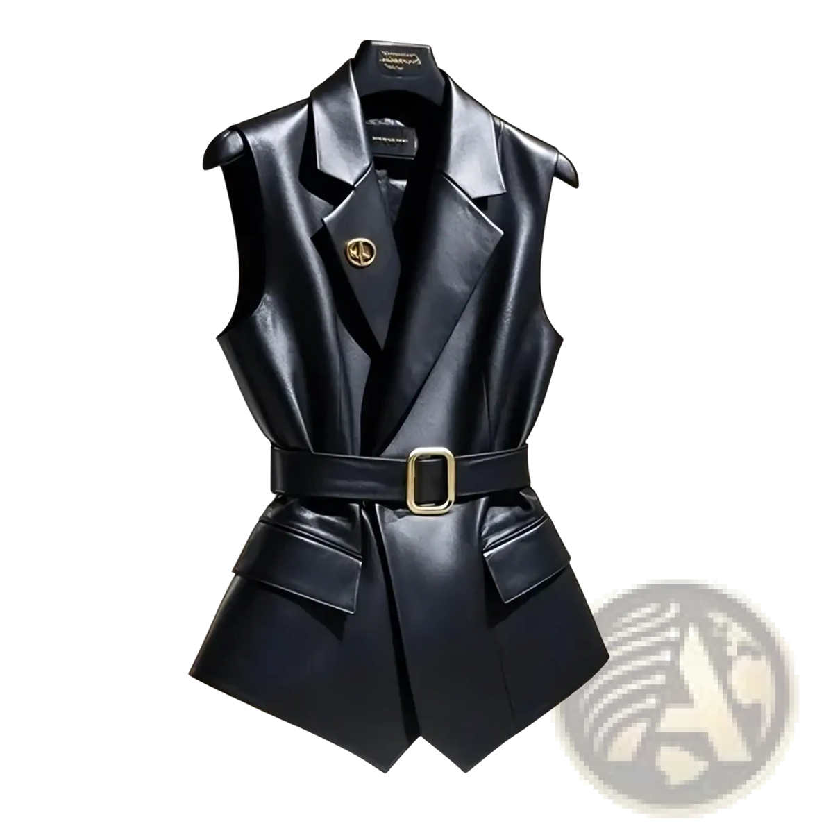 Black leather vest with gold-tone belt buckle and matching circular logo pin for stylish layering